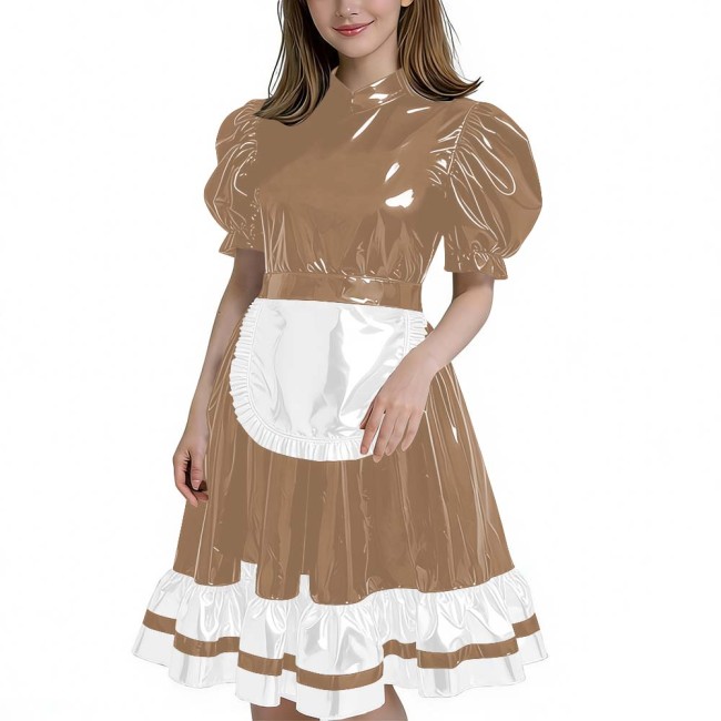 Women's Glossy Patent Leather French Maid Dress with Apron Lace Ruffle Trim Gothic Lolita Style Back Zipper Cosplay Party Outfit