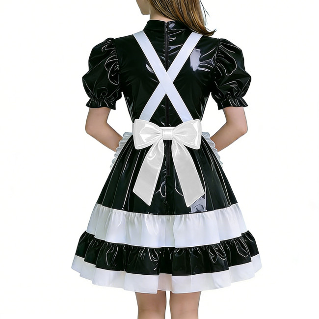 Crossdressers Glossy PVC Maid Dress Sets Puff Short Sleeves Patchwork Pleated Maid Dress with Cross Back Straps Lolita Cosplay