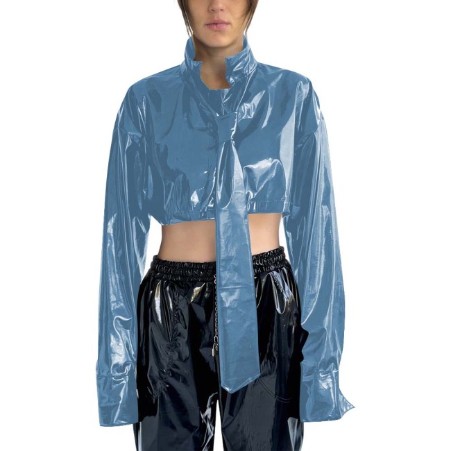 Women's PVC Cropped Jacket Stand Collar Long Sleeves Detachable Tie High Street Tops Gothic Punk Female Blouse Rave Streetwear