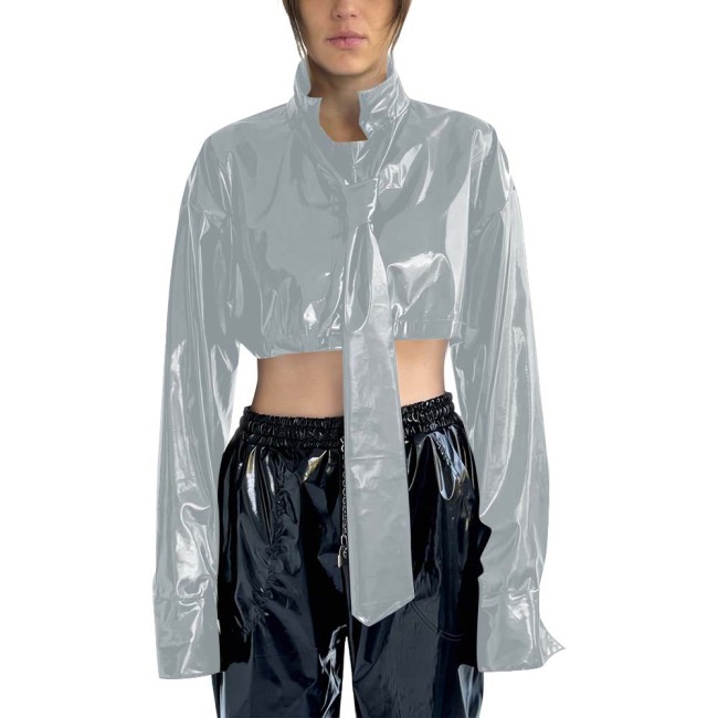 Women's PVC Cropped Jacket Stand Collar Long Sleeves Detachable Tie High Street Tops Gothic Punk Female Blouse Rave Streetwear