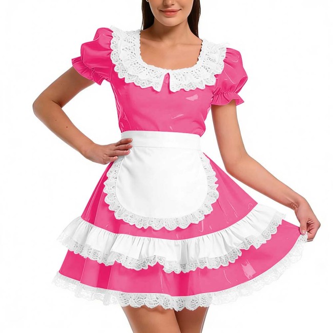 Shiny PVC Ruffles French Maid Dress with Apron Sweet Lolita Cosplay Costume for Halloween Crossdressers Smooth Party Maid Outfit