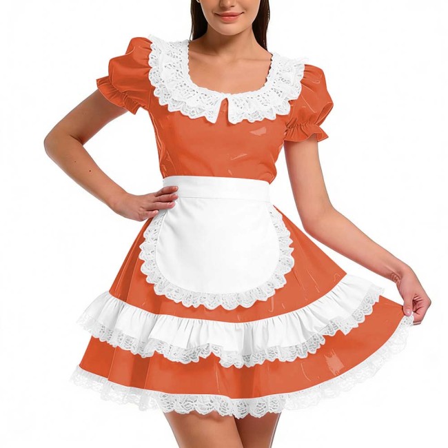 Shiny PVC Ruffles French Maid Dress with Apron Sweet Lolita Cosplay Costume for Halloween Crossdressers Smooth Party Maid Outfit