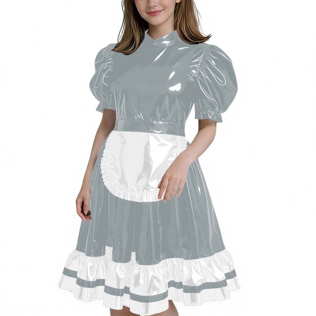 Women's Glossy Patent Leather French Maid Dress with Apron Lace Ruffle Trim Gothic Lolita Style Back Zipper Cosplay Party Outfit