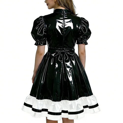 Women's Glossy Patent Leather French Maid Dress with Apron Lace Ruffle Trim Gothic Lolita Style Back Zipper Cosplay Party Outfit