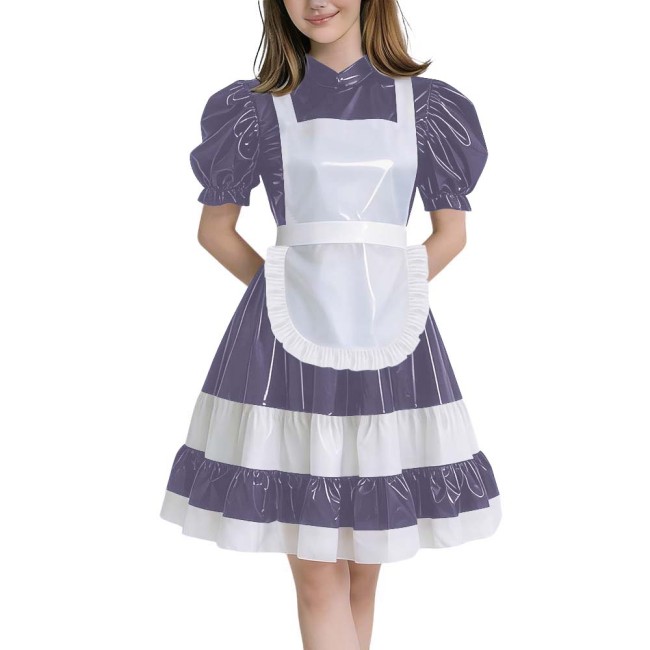 Crossdressers Glossy PVC Maid Dress Sets Puff Short Sleeves Patchwork Pleated Maid Dress with Cross Back Straps Lolita Cosplay