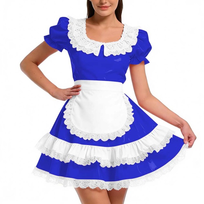 Shiny PVC Ruffles French Maid Dress with Apron Sweet Lolita Cosplay Costume for Halloween Crossdressers Smooth Party Maid Outfit