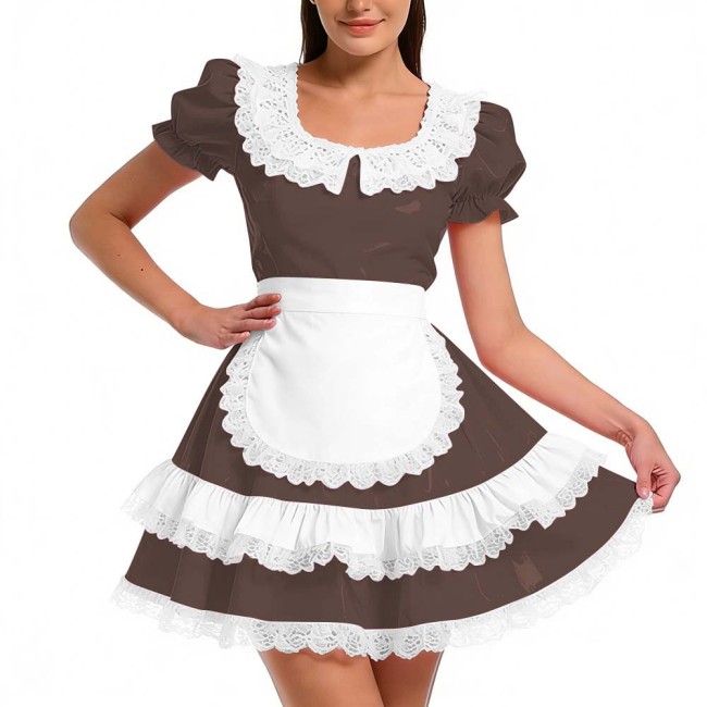 Shiny PVC Ruffles French Maid Dress with Apron Sweet Lolita Cosplay Costume for Halloween Crossdressers Smooth Party Maid Outfit
