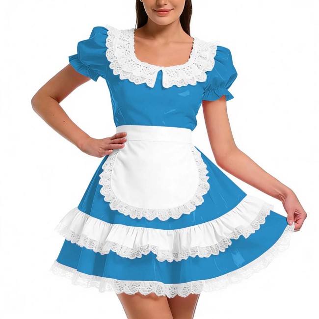 Shiny PVC Ruffles French Maid Dress with Apron Sweet Lolita Cosplay Costume for Halloween Crossdressers Smooth Party Maid Outfit