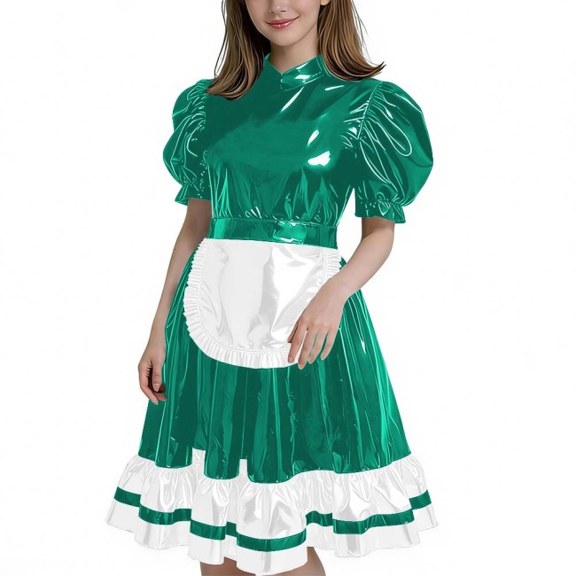 Women's Glossy Patent Leather French Maid Dress with Apron Lace Ruffle Trim Gothic Lolita Style Back Zipper Cosplay Party Outfit