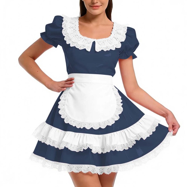 Shiny PVC Ruffles French Maid Dress with Apron Sweet Lolita Cosplay Costume for Halloween Crossdressers Smooth Party Maid Outfit