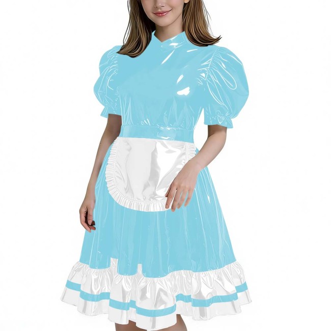 Women's Glossy Patent Leather French Maid Dress with Apron Lace Ruffle Trim Gothic Lolita Style Back Zipper Cosplay Party Outfit