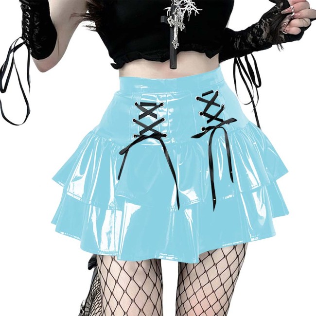 Women's Vinyl Mini Skirt Gothic Punk Double Layer Ruffle Hem Party Performance Sexy Wetlook PVC Flared A-line Rave Clubwear