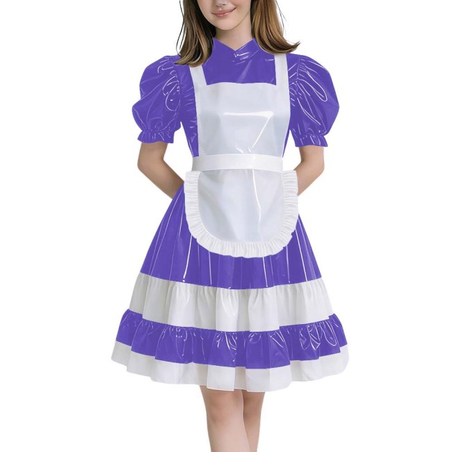 Crossdressers Glossy PVC Maid Dress Sets Puff Short Sleeves Patchwork Pleated Maid Dress with Cross Back Straps Lolita Cosplay