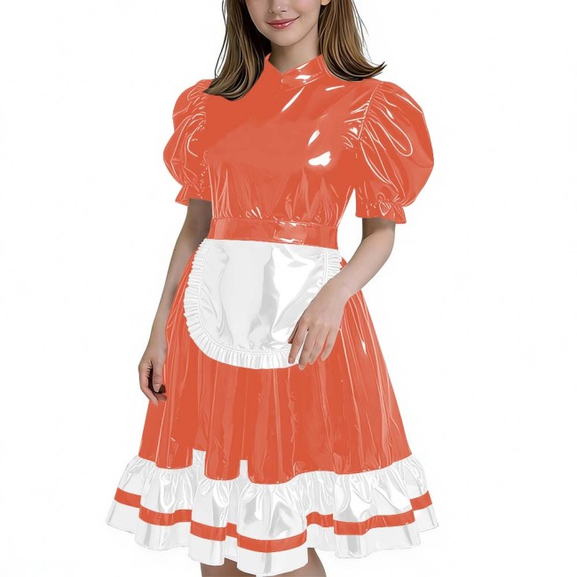 Women's Glossy Patent Leather French Maid Dress with Apron Lace Ruffle Trim Gothic Lolita Style Back Zipper Cosplay Party Outfit