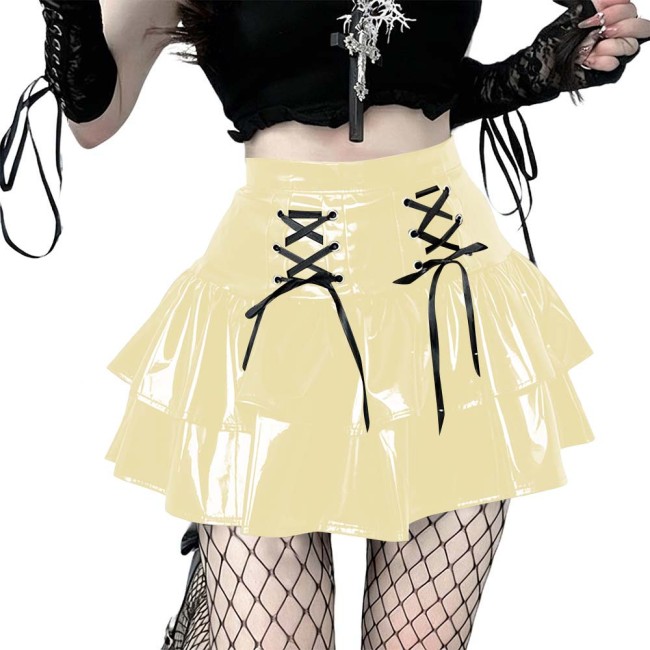 Women's Vinyl Mini Skirt Gothic Punk Double Layer Ruffle Hem Party Performance Sexy Wetlook PVC Flared A-line Rave Clubwear