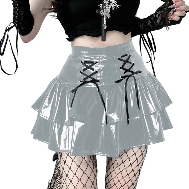 Women's Vinyl Mini Skirt Gothic Punk Double Layer Ruffle Hem Party Performance Sexy Wetlook PVC Flared A-line Rave Clubwear