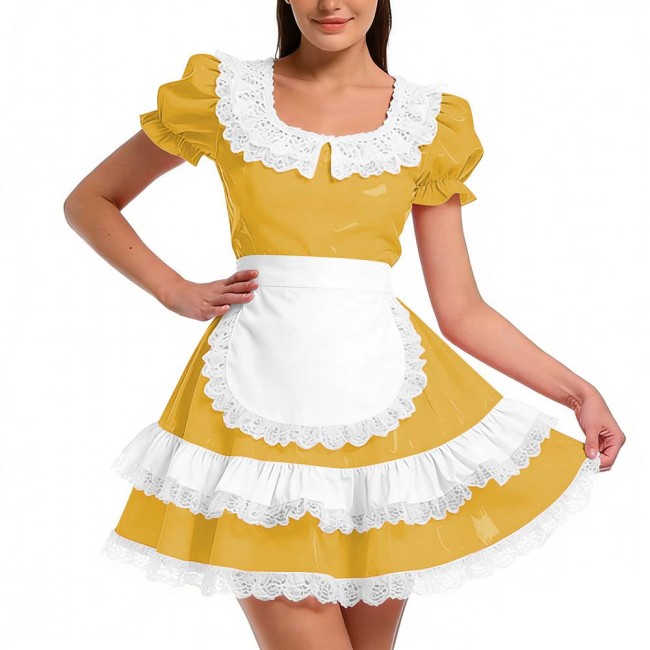 Shiny PVC Ruffles French Maid Dress with Apron Sweet Lolita Cosplay Costume for Halloween Crossdressers Smooth Party Maid Outfit