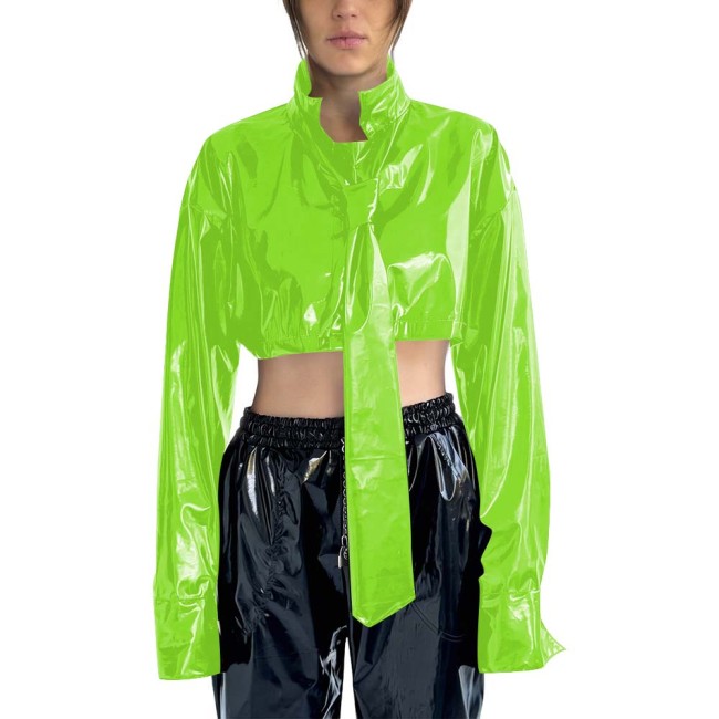 Women's PVC Cropped Jacket Stand Collar Long Sleeves Detachable Tie High Street Tops Gothic Punk Female Blouse Rave Streetwear