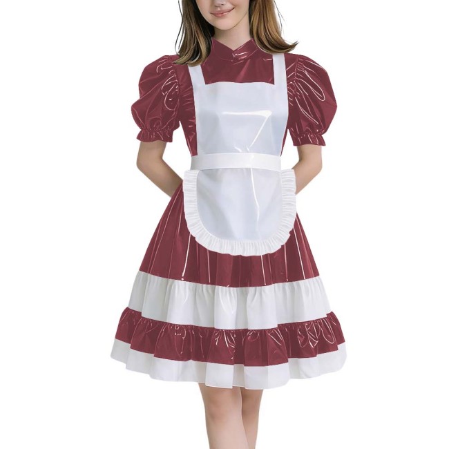 Crossdressers Glossy PVC Maid Dress Sets Puff Short Sleeves Patchwork Pleated Maid Dress with Cross Back Straps Lolita Cosplay