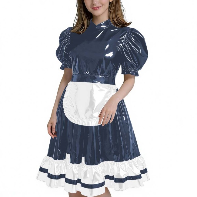 Women's Glossy Patent Leather French Maid Dress with Apron Lace Ruffle Trim Gothic Lolita Style Back Zipper Cosplay Party Outfit