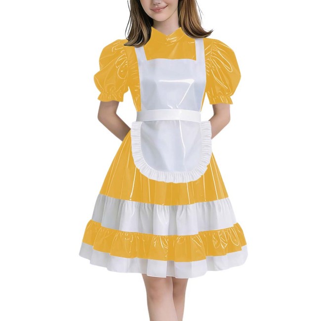 Crossdressers Glossy PVC Maid Dress Sets Puff Short Sleeves Patchwork Pleated Maid Dress with Cross Back Straps Lolita Cosplay