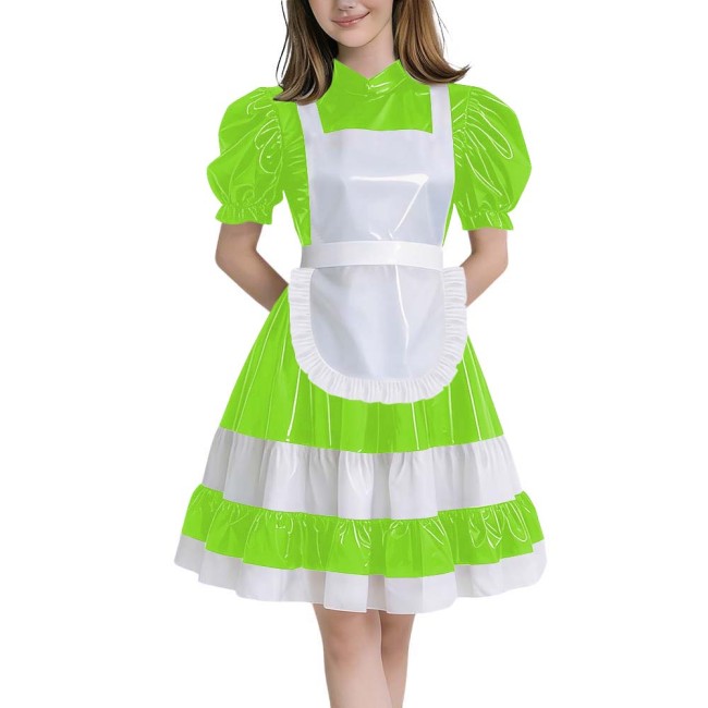 Crossdressers Glossy PVC Maid Dress Sets Puff Short Sleeves Patchwork Pleated Maid Dress with Cross Back Straps Lolita Cosplay