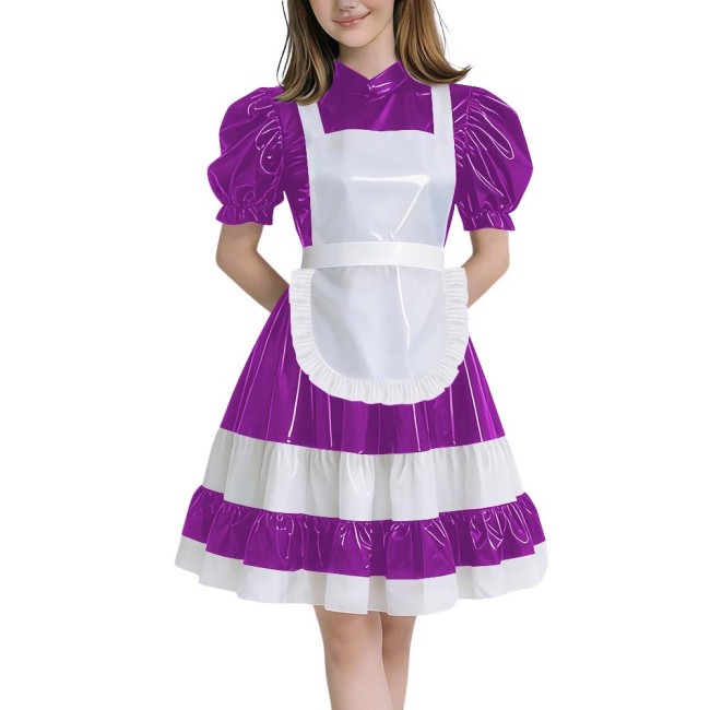 Crossdressers Glossy PVC Maid Dress Sets Puff Short Sleeves Patchwork Pleated Maid Dress with Cross Back Straps Lolita Cosplay