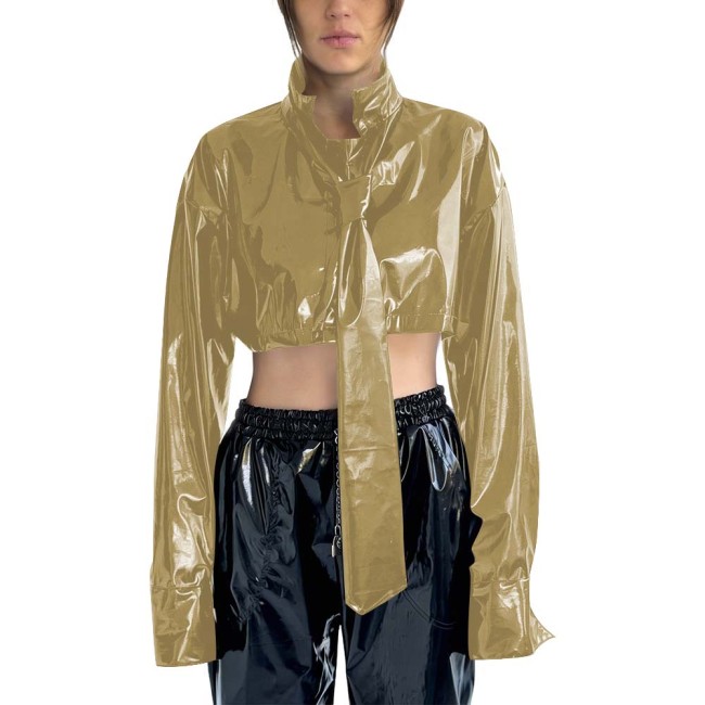 Women's PVC Cropped Jacket Stand Collar Long Sleeves Detachable Tie High Street Tops Gothic Punk Female Blouse Rave Streetwear