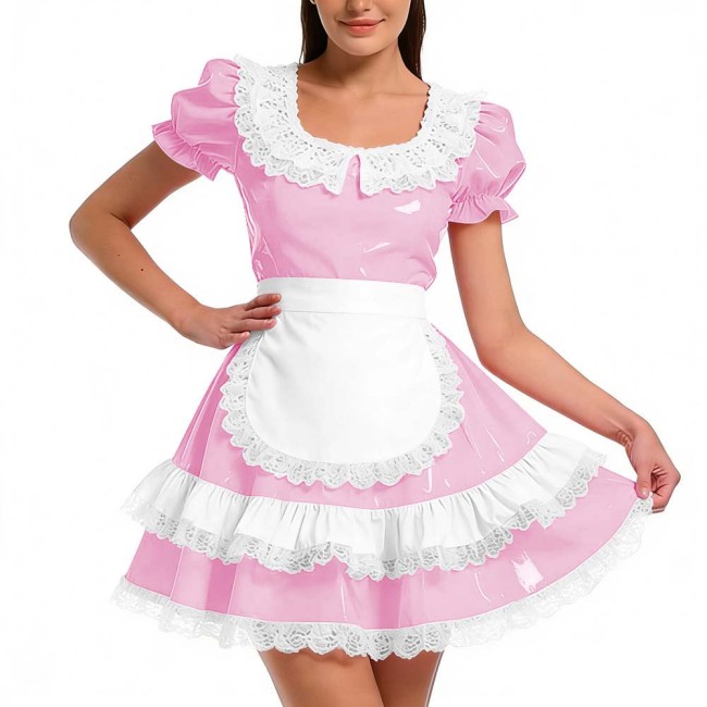 Shiny PVC Ruffles French Maid Dress with Apron Sweet Lolita Cosplay Costume for Halloween Crossdressers Smooth Party Maid Outfit