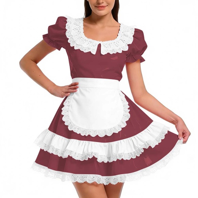 Shiny PVC Ruffles French Maid Dress with Apron Sweet Lolita Cosplay Costume for Halloween Crossdressers Smooth Party Maid Outfit
