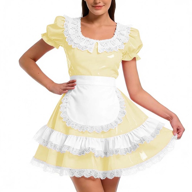 Shiny PVC Ruffles French Maid Dress with Apron Sweet Lolita Cosplay Costume for Halloween Crossdressers Smooth Party Maid Outfit