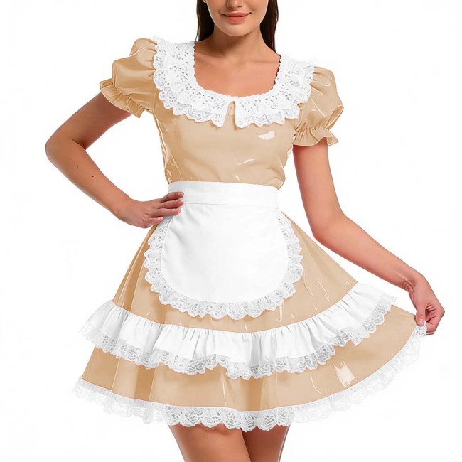Shiny PVC Ruffles French Maid Dress with Apron Sweet Lolita Cosplay Costume for Halloween Crossdressers Smooth Party Maid Outfit
