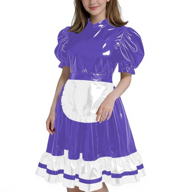 Women's Glossy Patent Leather French Maid Dress with Apron Lace Ruffle Trim Gothic Lolita Style Back Zipper Cosplay Party Outfit