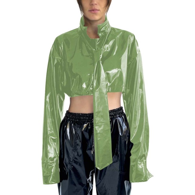 Women's PVC Cropped Jacket Stand Collar Long Sleeves Detachable Tie High Street Tops Gothic Punk Female Blouse Rave Streetwear