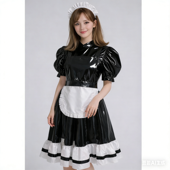Women's Glossy Patent Leather French Maid Dress with Apron Lace Ruffle Trim Gothic Lolita Style Back Zipper Cosplay Party Outfit