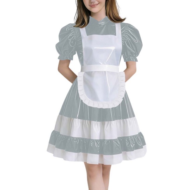 Crossdressers Glossy PVC Maid Dress Sets Puff Short Sleeves Patchwork Pleated Maid Dress with Cross Back Straps Lolita Cosplay