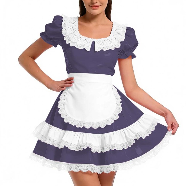 Shiny PVC Ruffles French Maid Dress with Apron Sweet Lolita Cosplay Costume for Halloween Crossdressers Smooth Party Maid Outfit