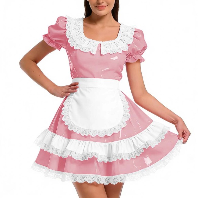 Shiny PVC Ruffles French Maid Dress with Apron Sweet Lolita Cosplay Costume for Halloween Crossdressers Smooth Party Maid Outfit