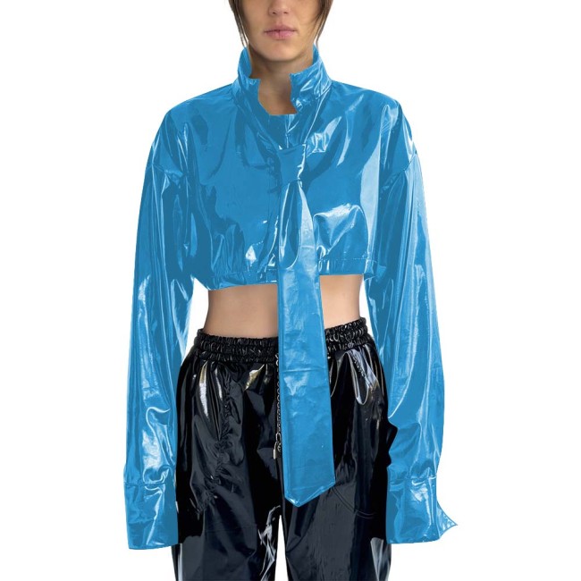 Women's PVC Cropped Jacket Stand Collar Long Sleeves Detachable Tie High Street Tops Gothic Punk Female Blouse Rave Streetwear