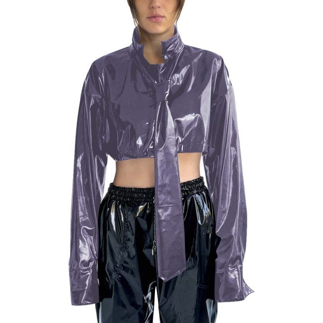 Women's PVC Cropped Jacket Stand Collar Long Sleeves Detachable Tie High Street Tops Gothic Punk Female Blouse Rave Streetwear