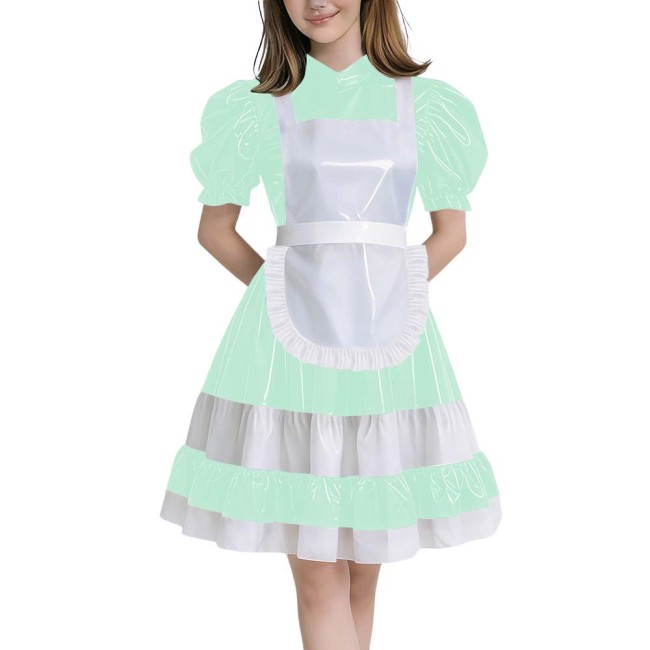 Crossdressers Glossy PVC Maid Dress Sets Puff Short Sleeves Patchwork Pleated Maid Dress with Cross Back Straps Lolita Cosplay