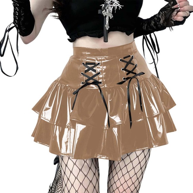 Women's Vinyl Mini Skirt Gothic Punk Double Layer Ruffle Hem Party Performance Sexy Wetlook PVC Flared A-line Rave Clubwear