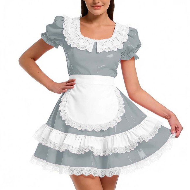 Shiny PVC Ruffles French Maid Dress with Apron Sweet Lolita Cosplay Costume for Halloween Crossdressers Smooth Party Maid Outfit