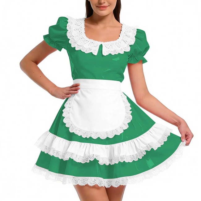 Shiny PVC Ruffles French Maid Dress with Apron Sweet Lolita Cosplay Costume for Halloween Crossdressers Smooth Party Maid Outfit
