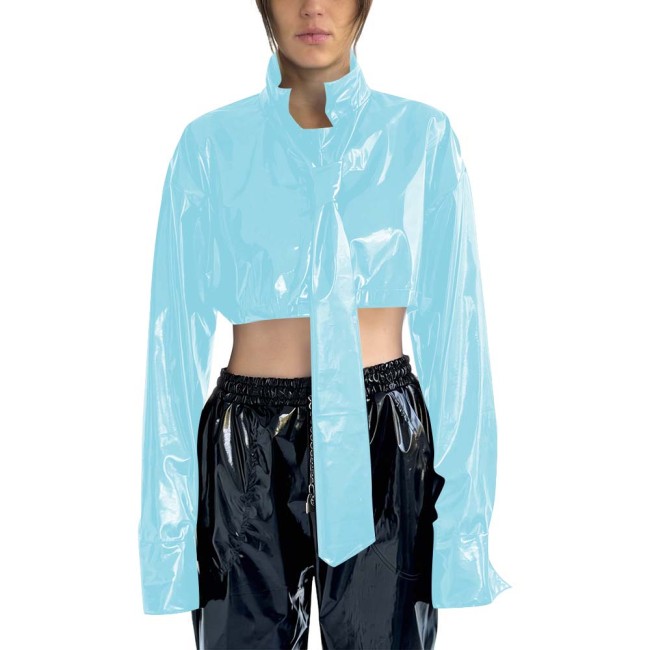 Women's PVC Cropped Jacket Stand Collar Long Sleeves Detachable Tie High Street Tops Gothic Punk Female Blouse Rave Streetwear