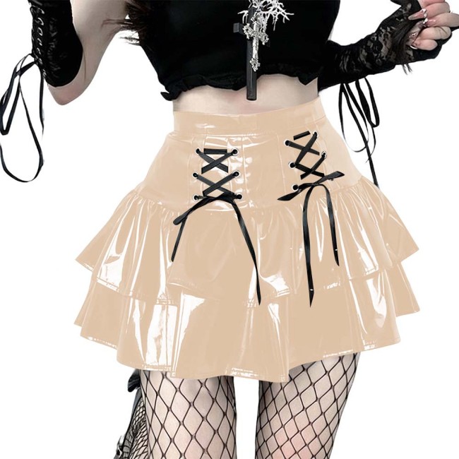 Women's Vinyl Mini Skirt Gothic Punk Double Layer Ruffle Hem Party Performance Sexy Wetlook PVC Flared A-line Rave Clubwear