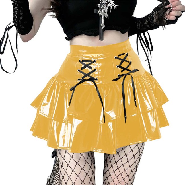 Women's Vinyl Mini Skirt Gothic Punk Double Layer Ruffle Hem Party Performance Sexy Wetlook PVC Flared A-line Rave Clubwear
