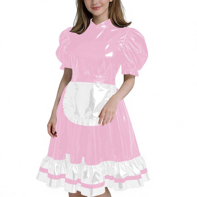 Women's Glossy Patent Leather French Maid Dress with Apron Lace Ruffle Trim Gothic Lolita Style Back Zipper Cosplay Party Outfit