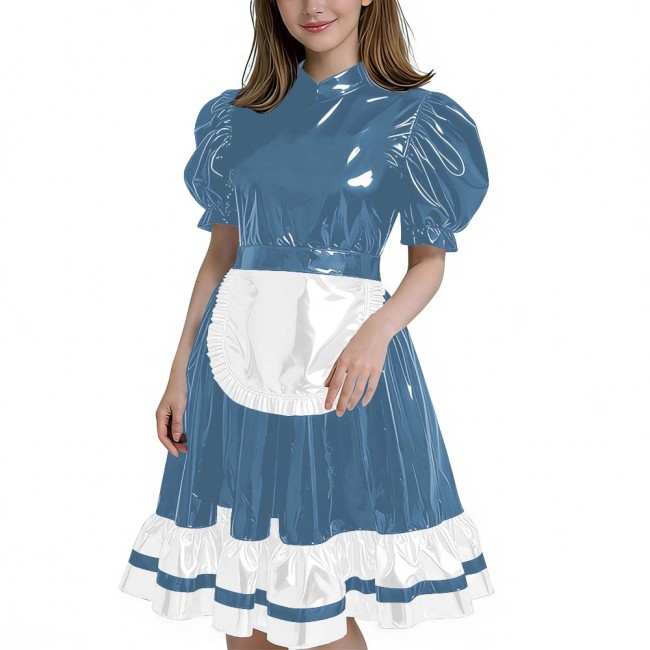 Women's Glossy Patent Leather French Maid Dress with Apron Lace Ruffle Trim Gothic Lolita Style Back Zipper Cosplay Party Outfit