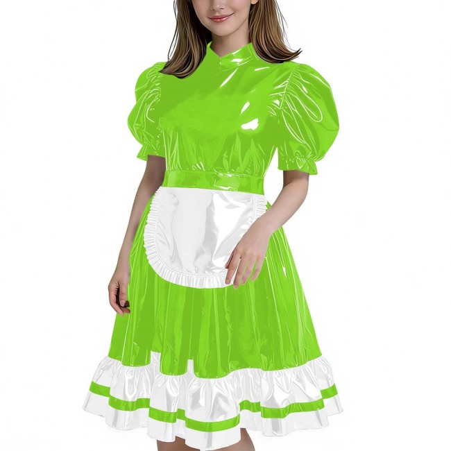 Women's Glossy Patent Leather French Maid Dress with Apron Lace Ruffle Trim Gothic Lolita Style Back Zipper Cosplay Party Outfit